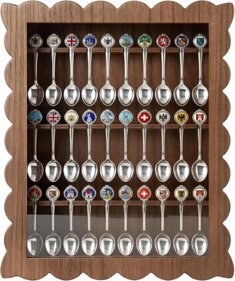 30-Souvenir Spoon Display Case, Wall-Mounted Wooden Spoon Rack with Lock, Vintage Spoons Display Cabinet for Collection Display Decoration 12.2Wx 2.8D x 15.7H in (Brown)