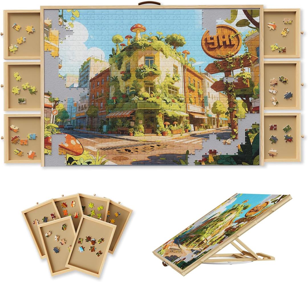 1500-Piece Rotating Puzzle Board with Drawers and Cover, Puzzle Tables for Adults, Portable Jigsaw Wood Table with 6 Storage Drawers, Non Slip Felt and Handle, Ideal Gift35.1"x26"