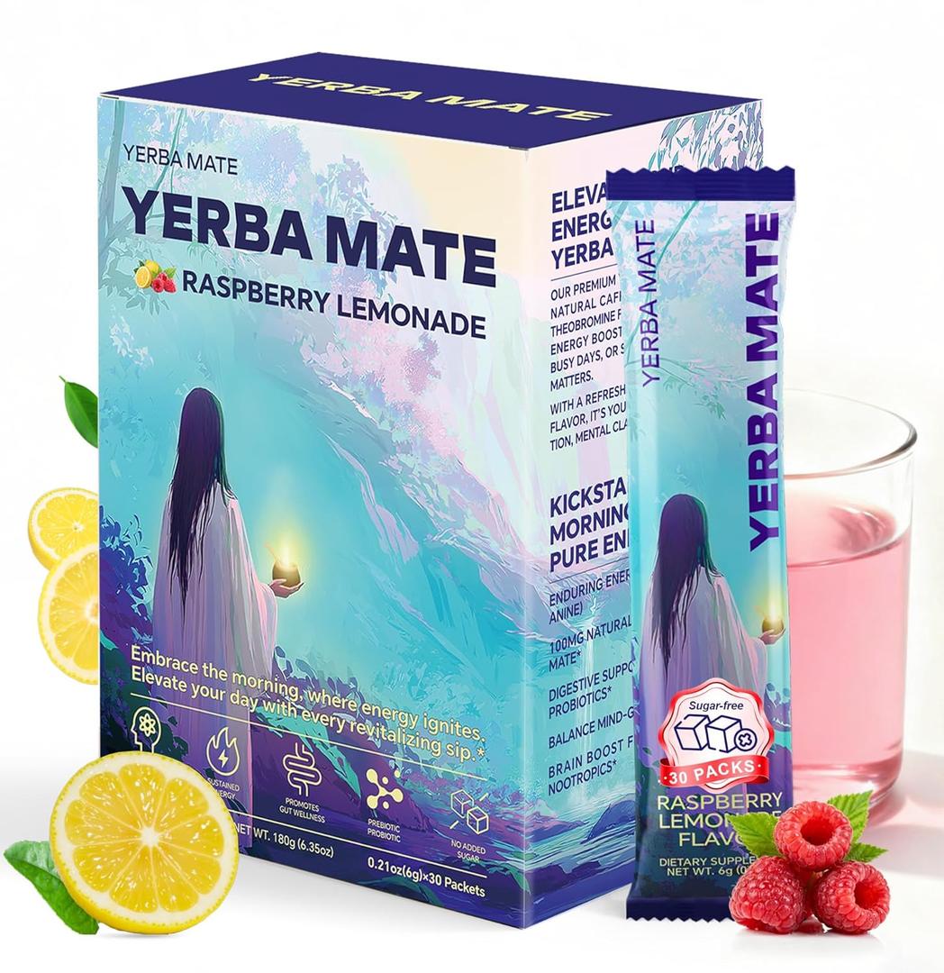 Zelfyrtisar Yerba Mate Instant Tea Powder – Clean Energy Drink for Focus & Brain Fog Support - Sugar-Free Raspberry Lemonade Flavor, 30 On-the-Go Vegan Pouches with Lion’s Mane, Ashwagandha & Probiotics (Exp Date: 05/OCT/2027)