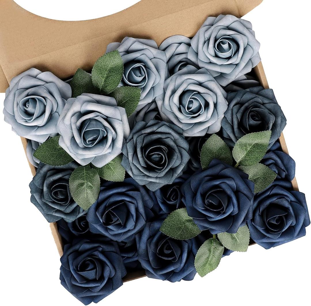 N&T NIETING Fake Roses with Stems,25pcs Artificial Flowers Dusty Blue Fake Roses Flowers for DIY Wedding Bouquets Centerpieces Floral Arrangements Home Mother's Day Decorations Shades of Navy Blue