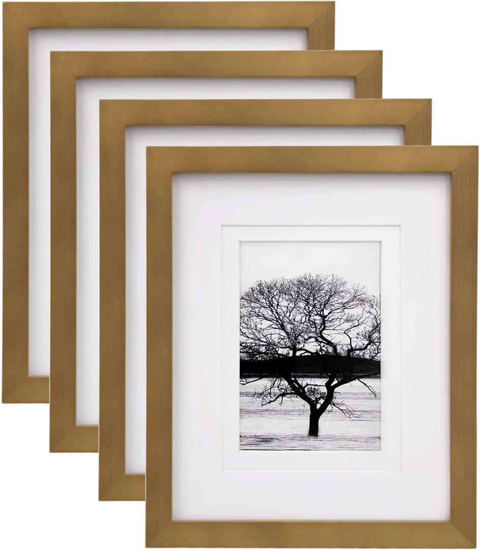 Egofine 8x10 Picture Frames 4 Pack, for Pictures 4x6 or 5x7 with Mat Made of Solid Wood Covered by Plexiglass for Table Top Display and Wall Mounting Photo Frames, Light Brown