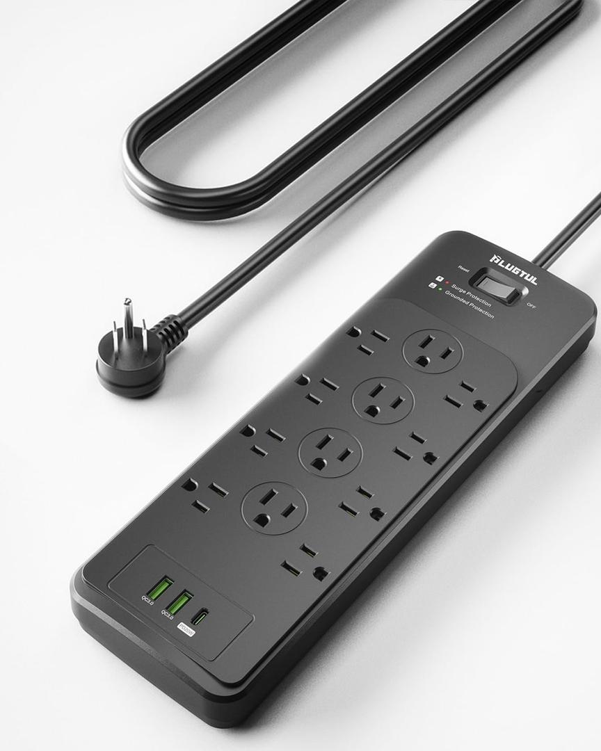 PLUGTUL Surge Protector Power Strip 5FT(4080J), Black Surge Protector with 12 Outlets - Spacious Design for Large Plugs, Flat Plug, 20W USB C Charging for Home, Office, ETL Listed