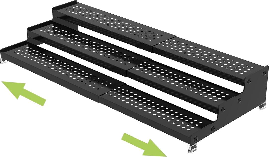 Metal Spice Rack Organizer for Cabinet, 3 Tier Expandable Spice Storage shelf, Great for Kitchen Cabinets, Cupboard,Pantry and Countertop More,Metal plate with hole(1PACK/BLACK) (Black:9.45"D x 12.8"~24L x 3.56"H)