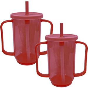 2 Pack Adult Sippy Cups for Elderly 2 Handles Straw Cups 12oz No Spill Cups for Adults Dysphagia Cups for Disabled Patients Limited Mobility, Red