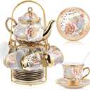 Zhehao 20 Pcs Porcelain Tea Set with Metal Holder and Spoon Adult Ceramic Tea Set European Flower Painting Teapot Cup Saucer Spoon for Women, Large Version(Rustic Style)