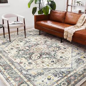 Area Rug 6'x9' Cyan Khaki Washable Vintage Traditional Floor Cover Thin Retro Kitchen Indoor Distressed Non Slip Carpet for Living Room Bedroom Dining Room (6' x 9' (Rectangular))