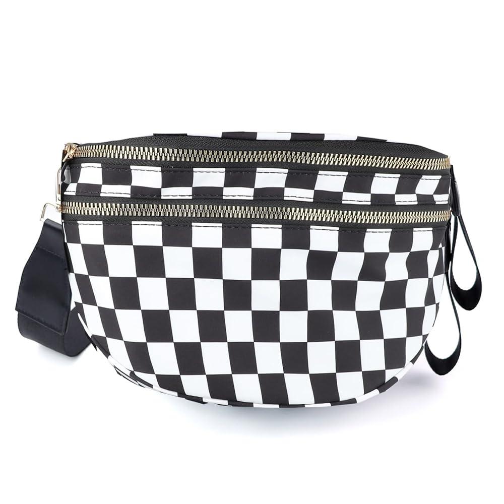 Checkered Crossbody Bag, Bum Bags for Women Crossbody, Black and White Grid Bumbag, Large Capacity Design with Adjustable Shoulder Strap On One Shoulder or by Hand