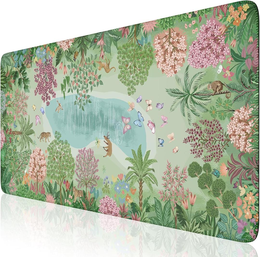 XXL Jungle Mouse Pad, Smooth Computer Desk Mat, Non Slip Large Mouse Pad for Desks, Desk Pad Mat for Keyboard and Mouse, Cute Green Mousepad for Home (Forest Green) (Spring)