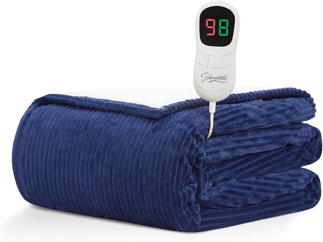 Homemate Electric Heated Blanket Twin - 62"x84" Heating Blanket Twin Size 1/2/4/6/8 Hours Auto-Off 10 Heat Level Over-Heat Protection Soft Flannel Sherpa ETL Certification (62 Inch x 84 Inch, Blue (Striped))
