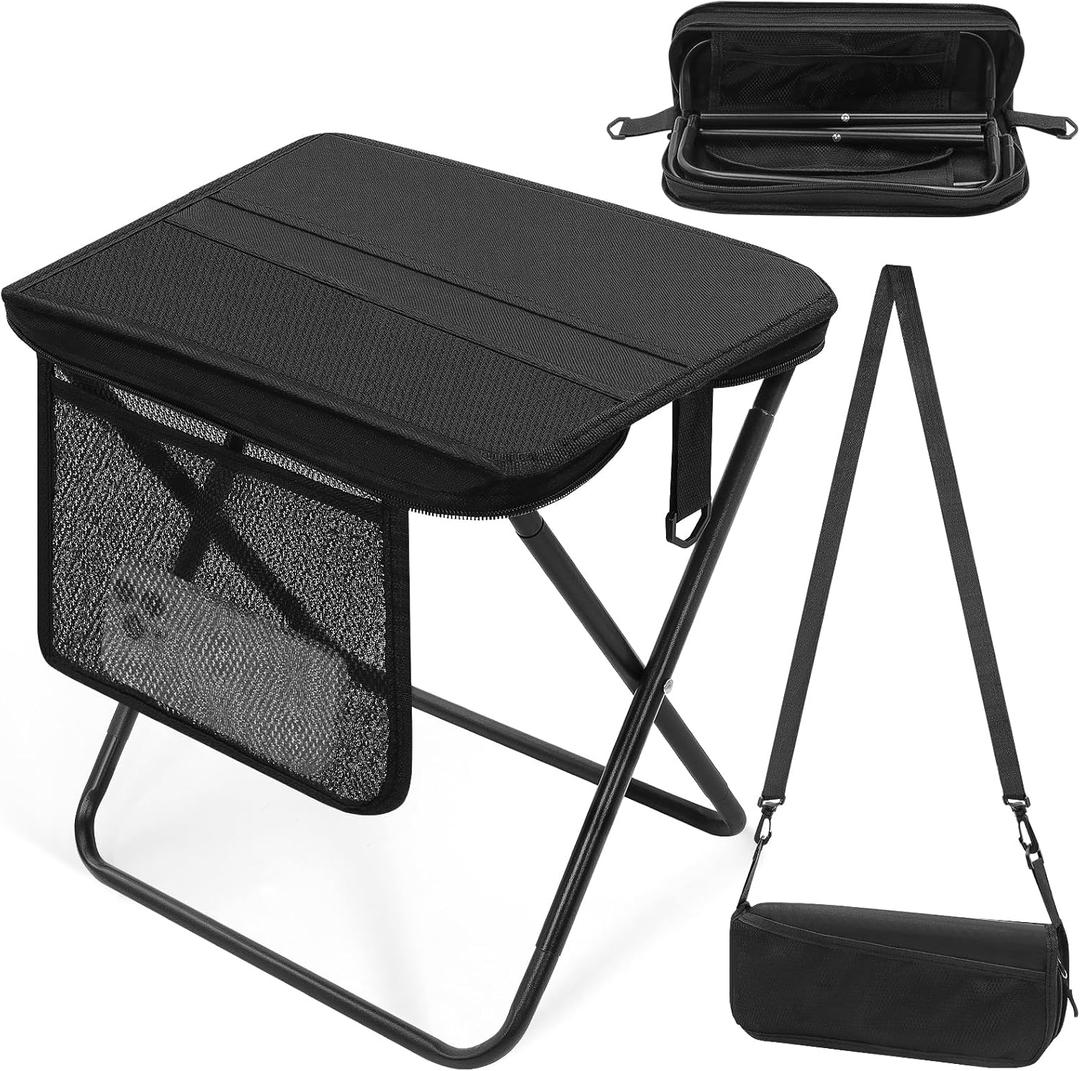 Portable Folding Camp Stool with Side Pocket, Taller Foldable Camping Stool for Adults, Metal Backpacking Stool Lightweight Mini Folding Chair, Compact Camping Seat Travel Fishing Hiking Mobile Chair, 14.2 Inches