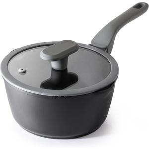PRICUSIS Nonstick Saucepan with Lid, 2 Quart Non Toxic Pot with Pour Spouts, Full Coated, 100% Dishwasher Safe, Induction Compatible & Oven Safe, PFOS & PFOA Free, Black Sesame