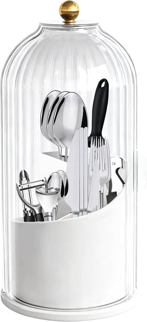 360 Rotating Silverware Utensil Organizer With Lid Kitchen Countertop Organizer With Cover For Flatware Spoon Silverware Holder Caddy Cutlery Organizers Kitchen Decor And Accessories