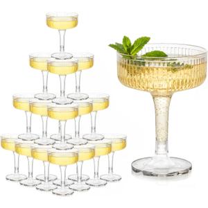 Houmury 20 Pcs 7oz Plastic Champagne Glasses Unbreakable Plastic Martini Glasses Flutes Reusable Clear Acrylic Coupe Drinkware For Wedding Birthday Party (20, Clear)