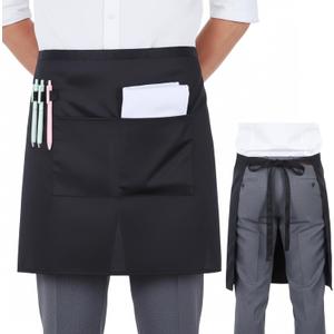 Chef Work Server Apron with 2 Pockets Black Half Aprons Chef Waist Apron Waitress Restaurant Aprons for Men, Women, Home (Black)