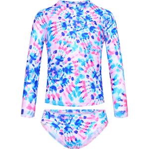 TENVDA Girls Swimsuit Long Sleeve Rash Guard Sets UPF 50+ Two Piece Bathing Suits Size 3-12 Years (9-10 Years, Tie Dye L)