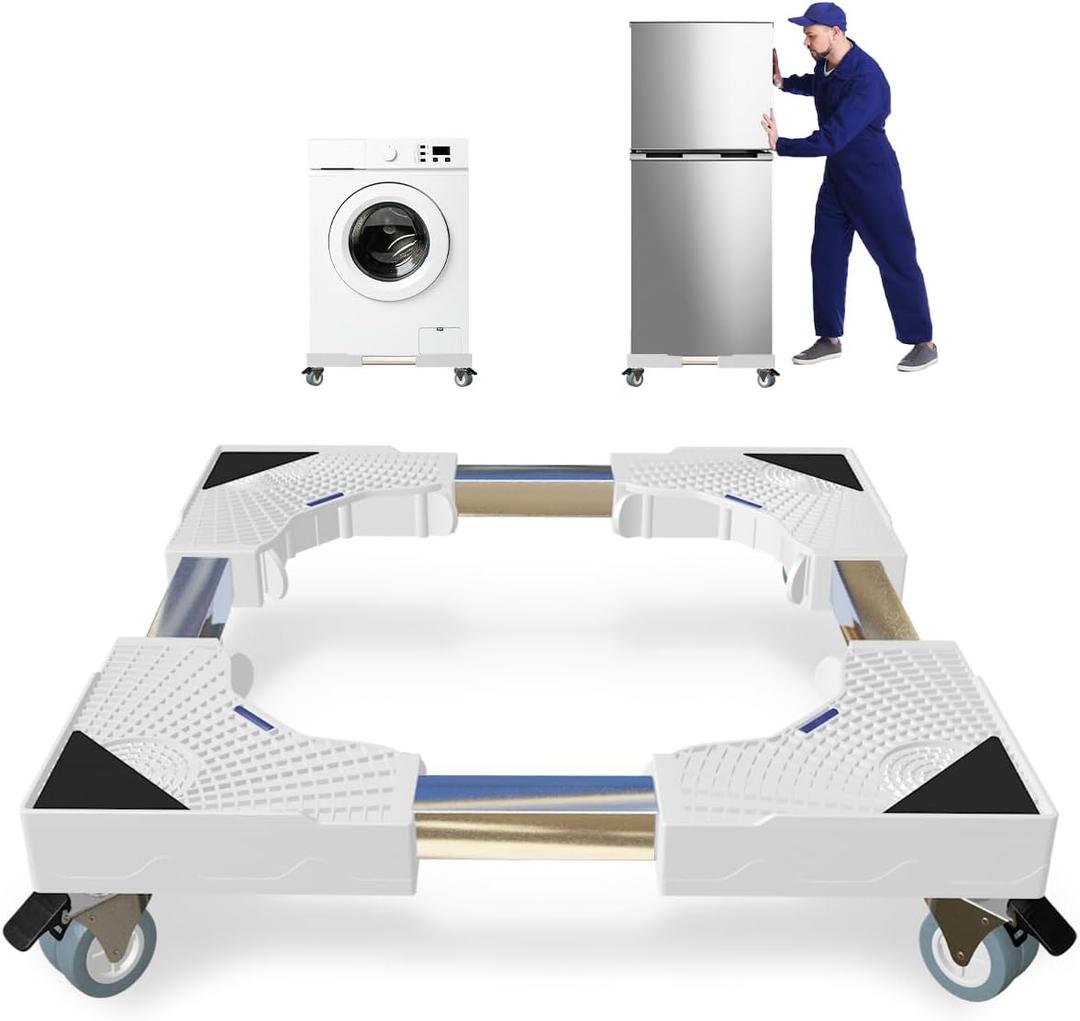 Appliance Dolly Cart with 4 Locking Wheels Mini Fridge Stand Adjustable Universal Mobile Roller for Portable Washer, Dryer, Refrigerator, Furniture, White
