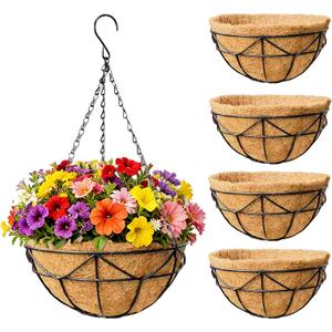 EIMQUVW 16 Inch Coconut Fiber Hanging Planter 4 Packs Durable Metal Hanging Baskets with Chains Outdoor Wire Pot for Spring and Summer Front Porch Garden Decoration