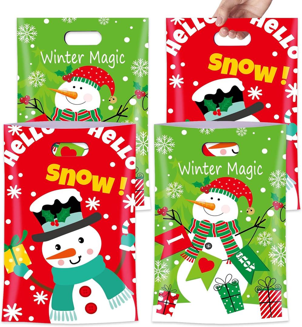 4 x Elanket 40 Pcs Happy Christmas Treat Bags With Handles - Assorted Goodie Bags for Trick-or-Treat, Party Favors - Cute Snowman Designs for Classroom Decorations