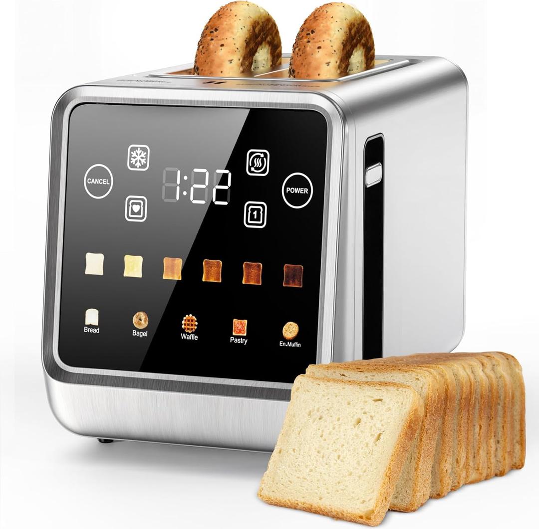 Toaster 2 Slice Wide Slot Stainless Steel Digital Toasters Best Rated Prime Touch Screen Toaster for 5 Bread Types/6 Shade Settings/Single Slot Toasting/Memory Function/Defrost/Reheat