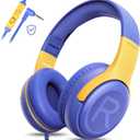 Kids Headphones Wired with Microphone for ipad Computer Laptop for Boys Girls Volume Limit Foldable Over Ear Headset for School 3.5mm Jack (Purple)