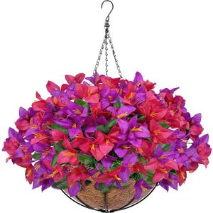 Artificial Fake Hanging Flowers Plants Baskets for Outdoors, Faux Silk Bougainvillea in Planter UV Resistant Realistic Spring Summer Decoration for Outside Porch Patio Yard Home Decor (Purple Hotpink)