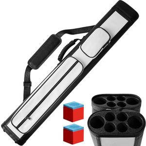 Deekin 2 x 4 Hard Oval Pool Cue Billiard Stick Carrying Case Billiard Cue Cases for 2 Stick 6 Holes with 2 Chalk, 32 x 5.5 x 3.75 Inches (White)