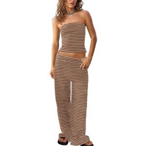 Tankaneo Womens Striped 2 Piece Sets Summer Strapless Crop Tube Tops Wide Leg Pants Matching Lounge Set Vacation Outfits (M)