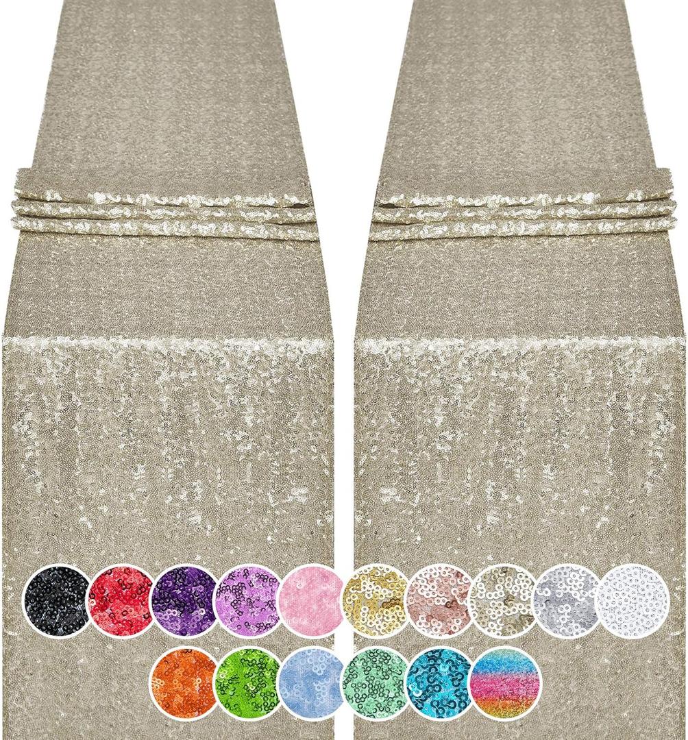 2PCS 12x72 Inch Sequin Table Runner Champagne Glitter Table Runner for Party, Wedding, Bridal Baby Shower, Event Decorations2PCS, 12x72 Inch, Champagne