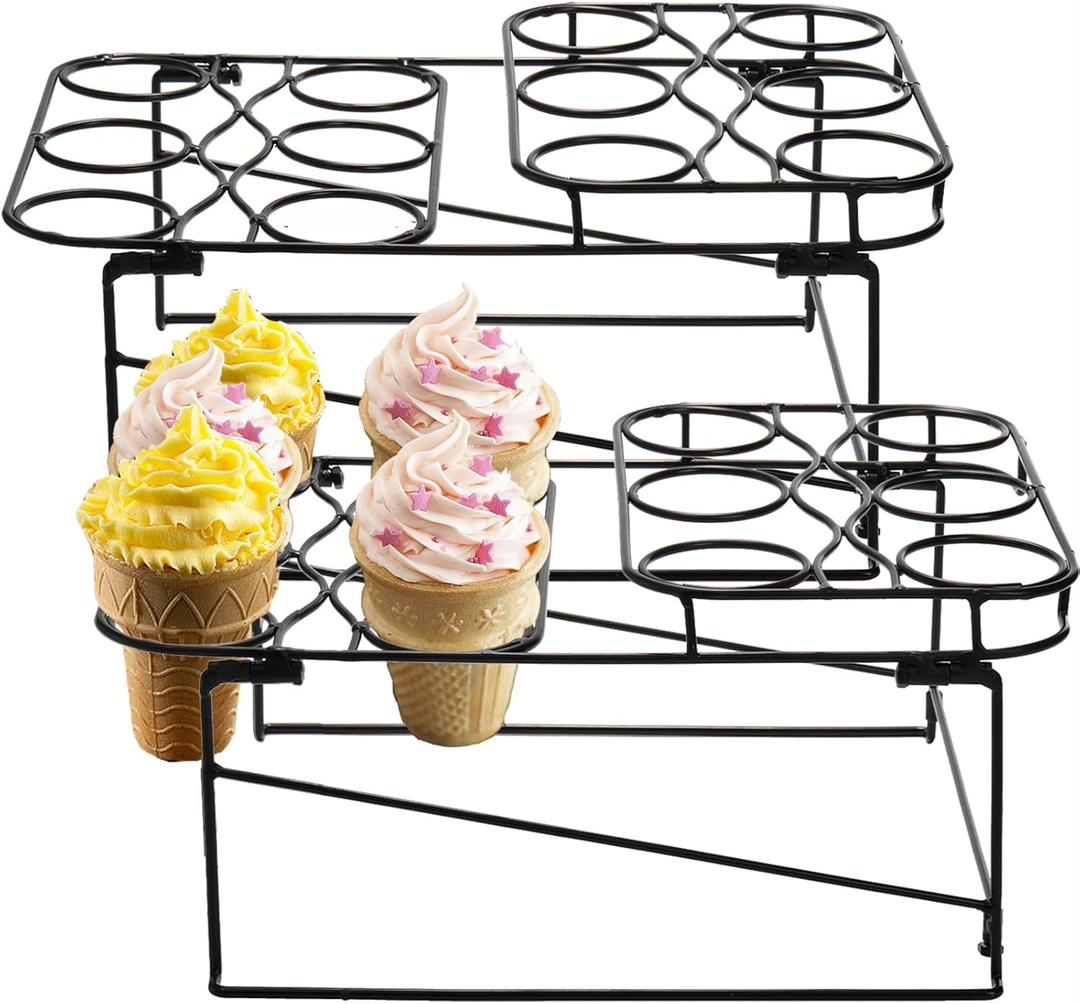 TOPZEA 2 Pack Ice Cream Cone Racks with 12 Holes, Metal Cupcake Waffle Cone Holder Rack Dessert Display Stands for Baking, Cooling, Serving, Birthday, Baby Shower, Wedding Party, Christmas Treat (Black)