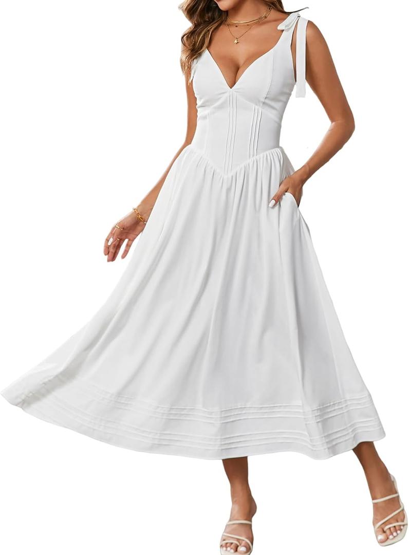 Women's Summer Wedding Guest Corset Midi Dress V Neck Flowy A Line Sundress Casual Dresses with Pockets (White, M)