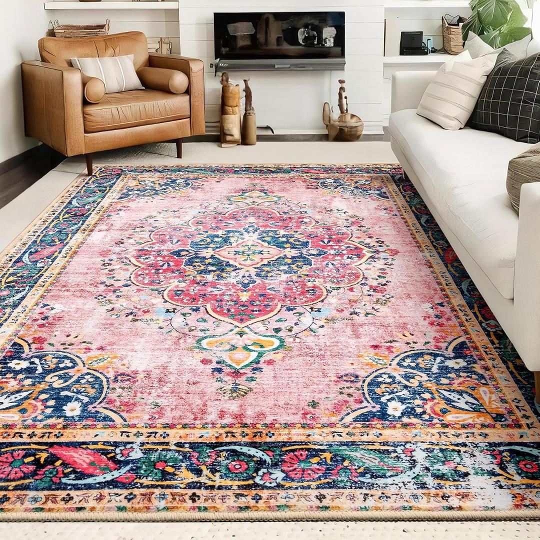 8x10 Area Rugs for Living Room Pink Boho Rug Vintage Rug Non-Slip Washable Low Pile Foldable Large Rugs for Bedroom Dining Room Indoor Floor Carpet