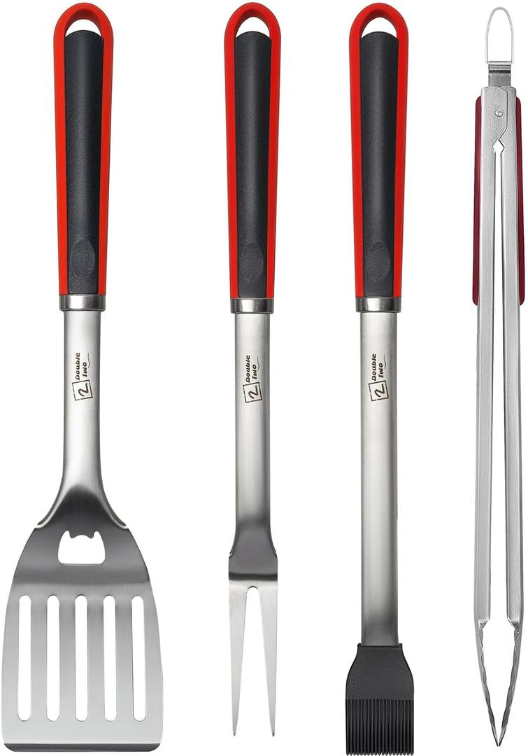 Double Two 4-Piece Stainless Steel BBQ Tool Set - Tong, Fork, Spatula, Brush - Utensils for Grill - Tools for Outdoor Grilling- BBQ Kits (red)