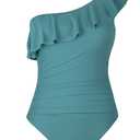 Mycoco Women's One Shoulder Swimsuits One Piece Ruched Swimwear Asymmetric Ruffle Monokini Bathing Suits Peacock Green US 6 (Green, M)