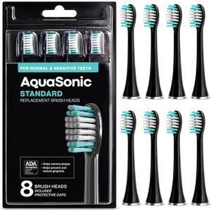 AquaSonic Genuine Standard Replacement Brush Heads | ADA Accepted | for Normal & Sensitive Teeth | Compatible with Many AquaSonic Toothbrush Handles (8 Pack Black)