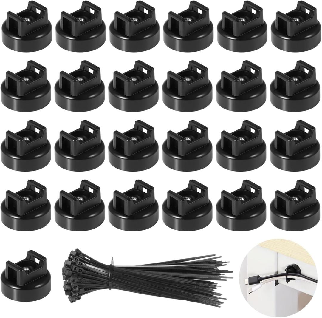 Magnetic Cable Zip Tie Mounts, 25 Pcs Magnets with 100 Pcs Cable Zip Ties, Multipurpose Magnetic Cables Holder for Cables Management, Wire Management Bases (Black)