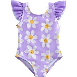 Aruzig Toddler Baby Girl Swimsuit Ruffle Bathing Suit Pattern Print One Piece Beach Swimwear for Girls (Purple Flower, 5-6 Years)