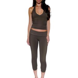 Capri Pants Set for Women – 2 Piece Pants Set, Halter Top, Foldover Waistband, Bodycon Fit, Premium Stretch, Small