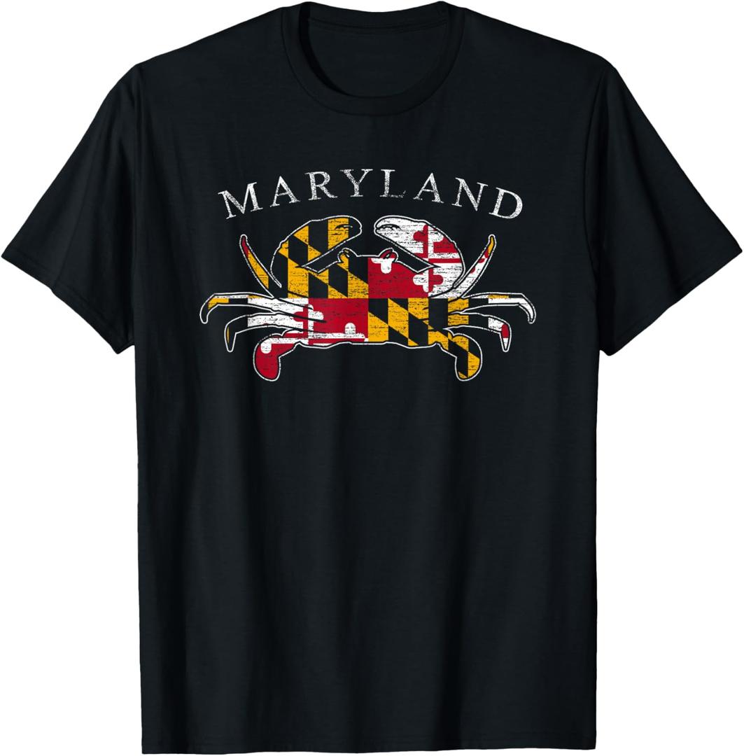 MD Blue Crab Silhouette with Maryland State Flag distressed T-Shirt L