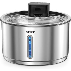 NPET Wireless Cat Water Fountain Stainless Steel, 1Gallon/135oz Battery Operated Automatic Pet Drinking Fountain - Cordless Dog Water Dispenser with Water Level Window for Cats Indoor