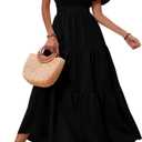 PRETTYGARDEN Women's Summer Casual Short Flutter Sleeve Round Neck Smocked Waist Tiered Boho Floral Flowy Maxi Dress (Medium)