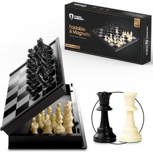 Chess Armory Magnetic 9.5 Inches Travel Chess Set - Folding Board with Storage Box & 2 Extra Queen.