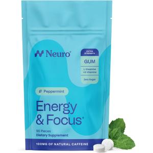 Neuro Energy & Focus Gum, Extra Strength - 100mg Natural Caffeine Gum & Nootropic Energy Supplement with L-Theanine & B Vitamins - Sugar Free, Vegan - Peppermint, 90ct (EXP 11/01/27)