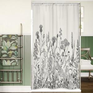 Riyidecor Small Stall Wildflower Farmhouse Half Shower Curtain 36Wx72H Inch Narrow Single Botanical Flower Floral Herbs Bathroom Windows Balconies Fabric Polyester Waterproof 7 Pack Plastic Hooks (02black Grey)