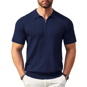 COOFANDY Men's Zipper Polo Shirts Short Sleeve Ribbed Knit Polo T Shirts Fashion Casual Golf Shirts (Medium, Navy Blue)