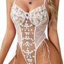 Lilosy Women Sexy Lace Up Floral Embroidered Teddy Lingerie Bodysuit Top Mesh Sheer One Piece (White, XL)