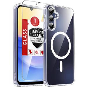 LeYi for Galaxy A15-5G Phone Case: Crystal Clear [Anti-Yellowing] Samsung A15 5G Case [Magnet Fit] with Screen Protector, Translucent Soft Bumper & Non-Slip Full Body Protection Funda para A 15, Clear