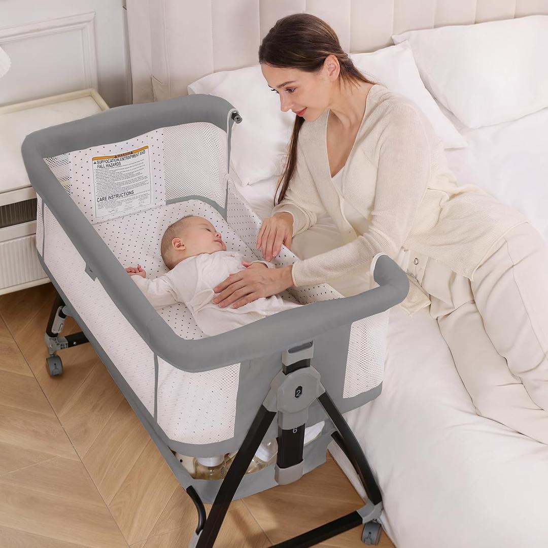Baby Bassinet, 3-in-1 Bedside Bassinets for Baby, Bassinet Bedside Sleeper with Wheels, Baby Bassinet Bedside Crib with Breathable Mesh, Mosquito Net, 6 Height Adjustable, Large Storage Basket, 35.4‘’L*21.7''W*28''-32.7''H