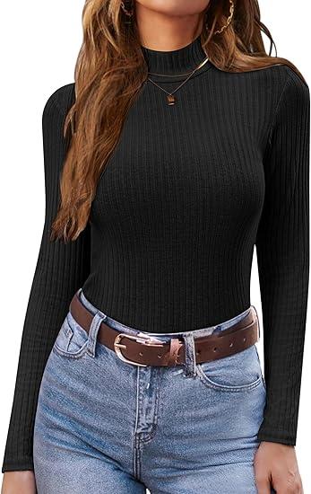 Ekouaer Women's Mock Turtleneck Long Sleeve Shirts Ribbed Knit Lightweight Pullover Sweater Stretch Fitted Thermal Top
 Black Small