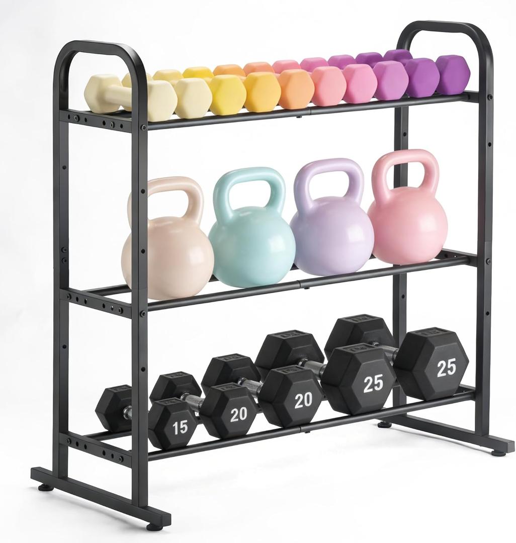 3-Tier Adjustable Dumbbell Rack, Holds 450 Lbs Total, Multi-Purpose Storage Stand for Dumbbells, Kettlebells&Weight Plates - Space Saving Home Gym Organize