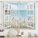 Ocean Beach Coastal Kitchen Curtains Short Small Hawaiian Floral Scenery Wildflower Plant Rod Pocket White Wooden Window Seascape Bedroom Living Room Treatment Fabric 2 Panels 27.5Wx39H Inch